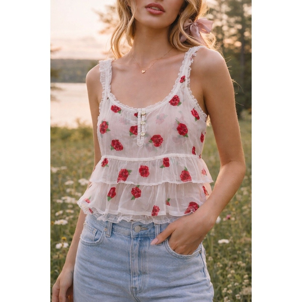 Abercrombie & Fitch Rose Floral Sheer Ruffle Peplum Chiffon Cami Tank Top Sz M